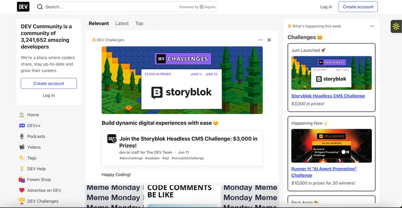 Screenshot of Dev.to homepage