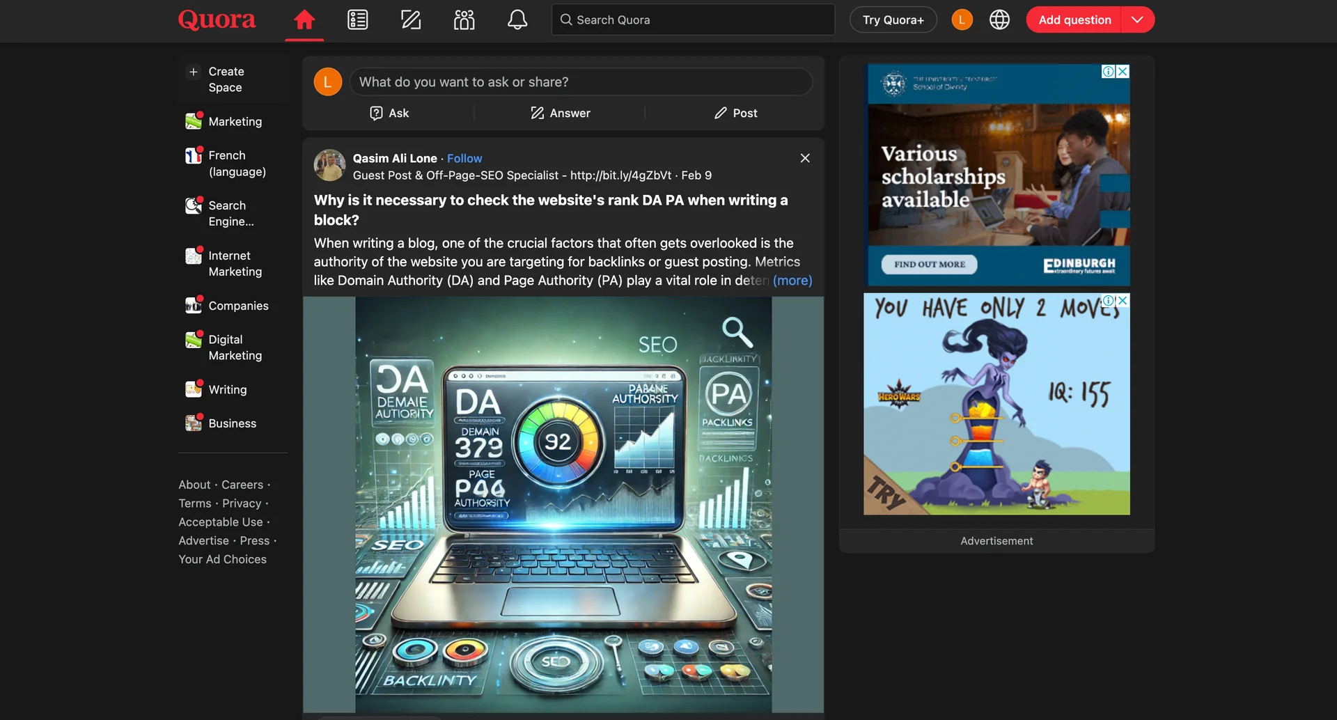 Screenshot of Quora homepage 