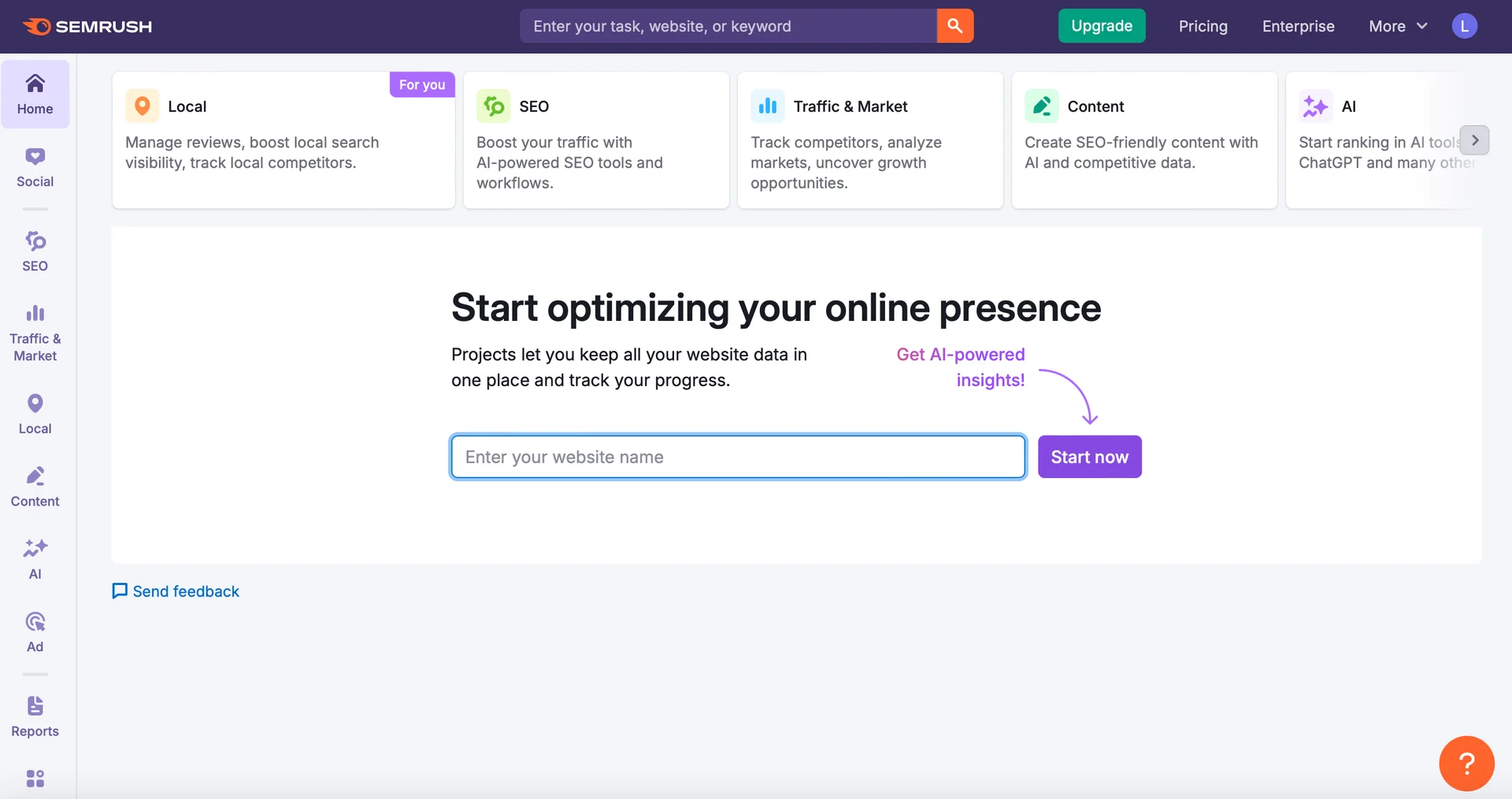 Screenshot of Semrush homepage