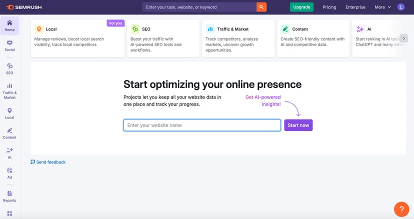Screenshot of Semrush homepage