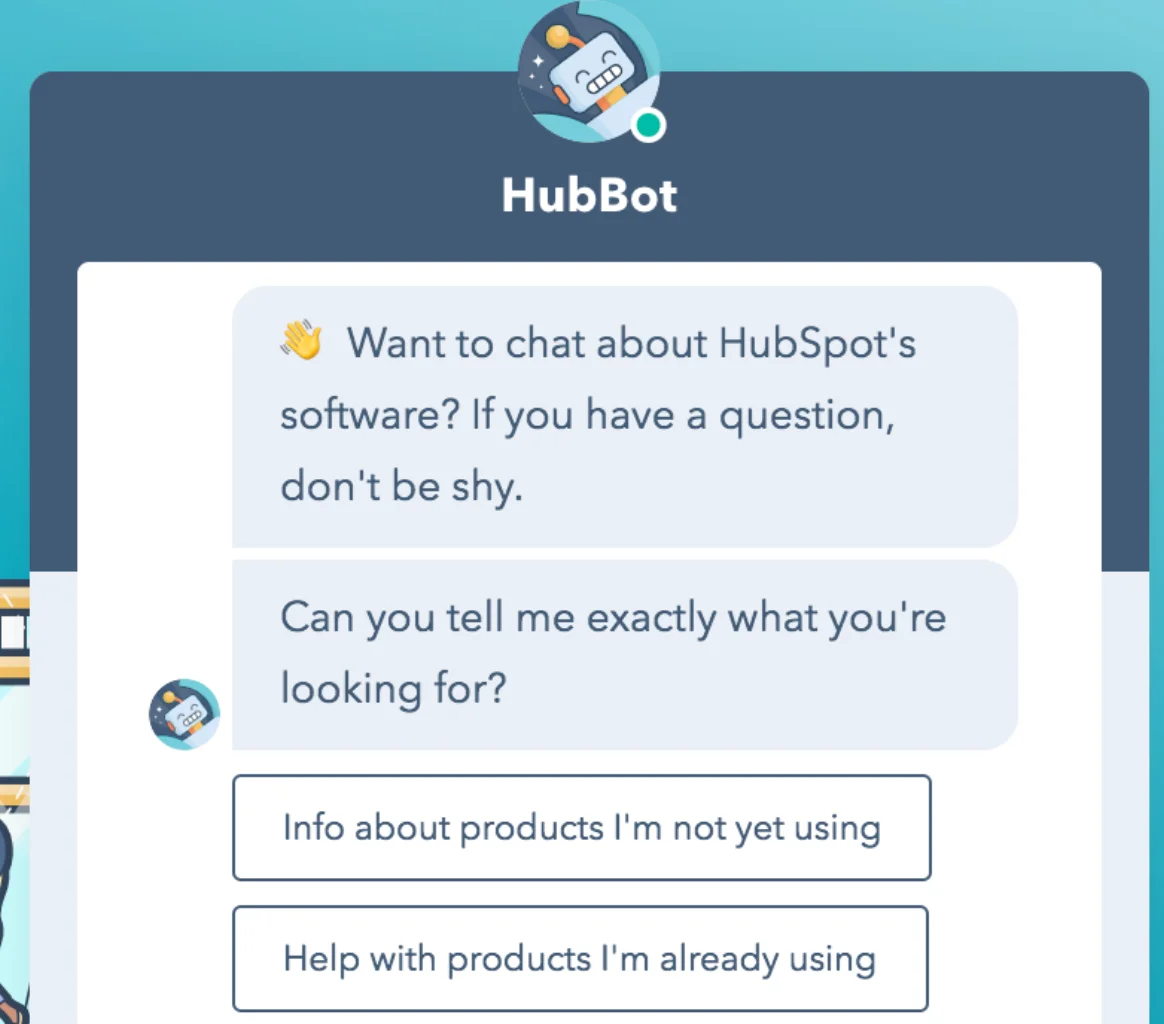 HubSpot chatbot interface offering support and product info options for users