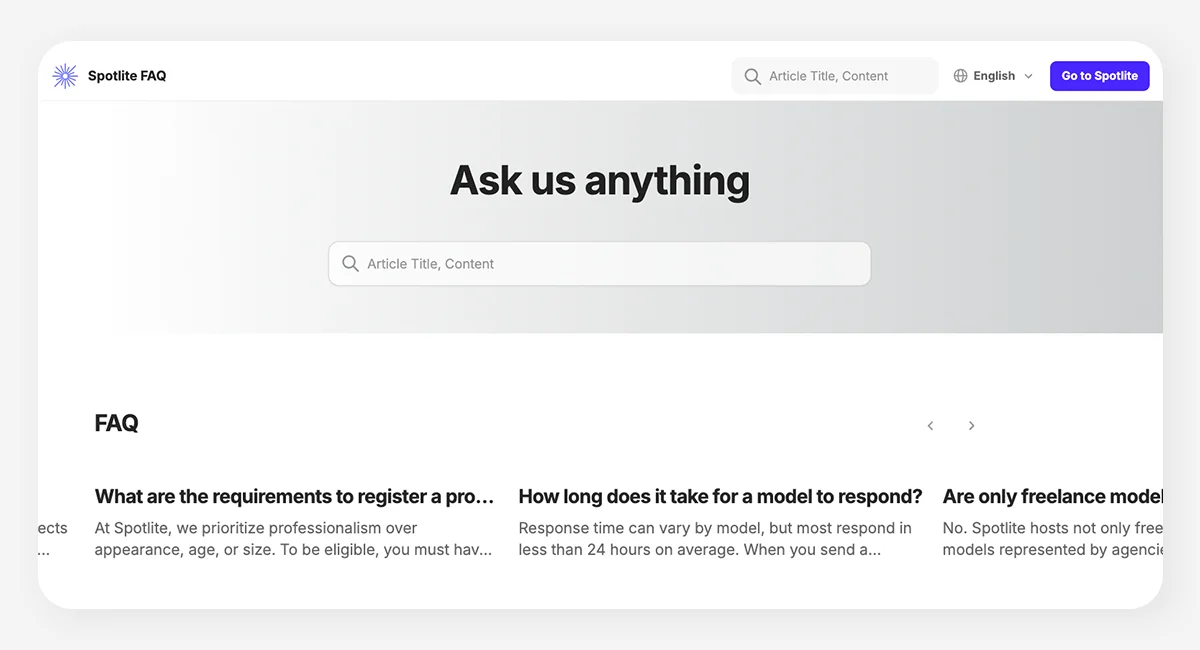 Spotlite FAQ Center main screen with a prominent search bar and common questions like profile registration and response times displayed for easy access