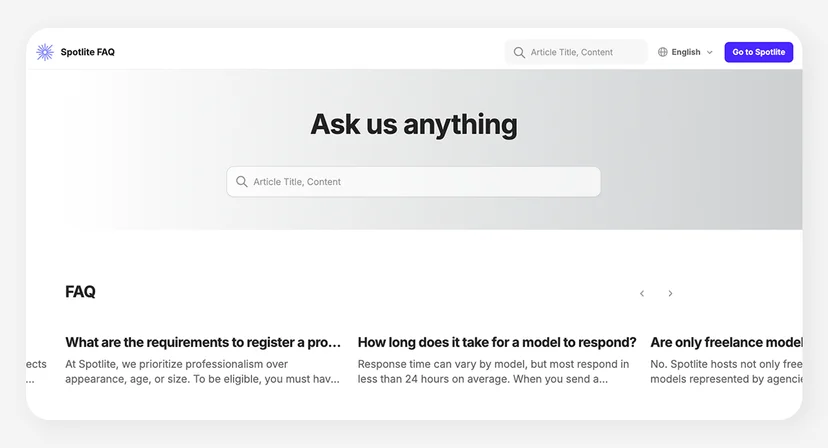Spotlite FAQ Center main screen with a prominent search bar and common questions like profile registration and response times displayed for easy access