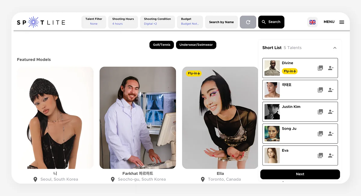Spotlite model list interface showing filtered search options such as model conditions, shoot time, and budget. Model profile cards with photos and details are visible