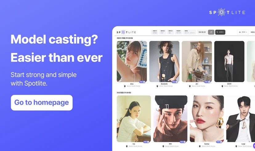 Spotlite promotional banner highlighting easy model booking. Includes a bold headline, call-to-action button, and model profiles displayed in a clean, card-style layout.