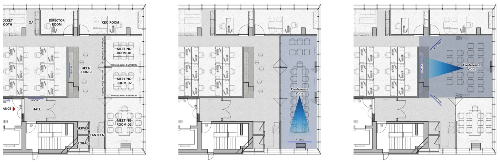 좌측 평면도 (기본 구성): 우측에 3개의 독립적인 회의실(MEETING ROOM-01, 02, 03)이 가변형 벽체(MOVING WALL PARTITION)로 구분되어 있습니다. 좌측에는 개별 사무실들과 중앙의 OPEN LOUNGE, 상단의 DIRECTOR ROOM과 CEO ROOM이 배치되어 있습니다. 중앙 평면도 (통합 구성): 3개의 회의실이 하나의 대형 'Conference Zone'으로 통합되었습니다. 파란색으로 강조된 이 공간에는 대형 회의 테이블과 스크린이 설치되어 대규모 회의나 행사가 가능하도록 구성되었습니다. 우측 평면도 (프레젠테이션 구성): 컨퍼런스 존에서 프로젝터를 활용한 프레젠테이션 공간으로 구성되었습니다. 파란색 삼각형으로 프로젝터 투사 범위가 표시되어 있으며, PROJECTOR, SCREEN, TV_SOUND 등의 AV 장비 배치가 명시되어 있습니다.