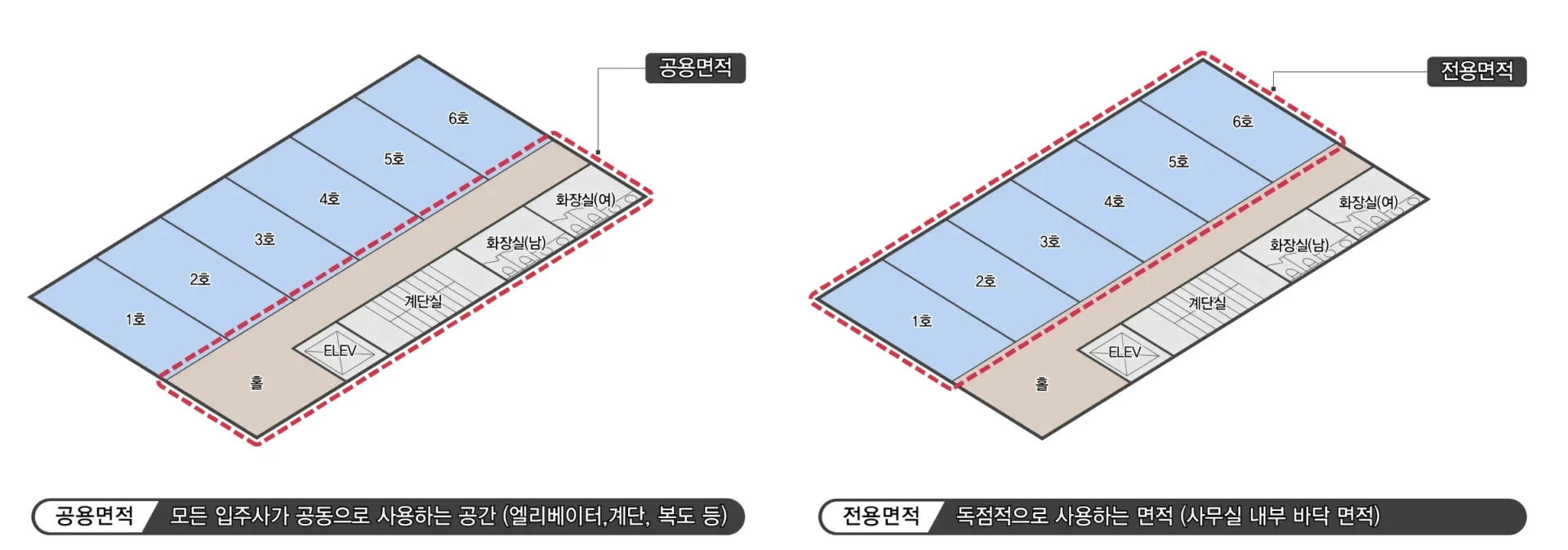 오피스 빌딩의 공용면적과 전용면적을 비교하여 보여주는 3D 아이소메트릭 다이어그램입니다. 좌측 도면에는 '공용면적'으로 표시되어 있으며, 빨간 점선으로 표시된 영역이 모든 입주자가 공동으로 사용하는 공간(엘리베이터, 계단, 복도, 화장실 등)을 나타냅니다. 우측 도면에는 '전용면적'으로 표시되어 있으며, 빨간 점선으로 둘러싸인 영역이 독점적으로 사용하는 면적(사무실 내부 바닥 면적)을 보여줍니다. 각 층은 1층부터 6층까지 파란색으로 표시되어 있고, 엘리베이터(ELEV)와 화장실(남/여)의 위치가 명시되어 있습니다. 하단에는 각각 '공용면적: 모든 입주자가 공동으로 사용하는 공간(엘리베이터, 계단, 복도 등)'과 '전용면적: 독점적으로 사용하는 면적(사무실 내부 바닥 면적)'이라는 설명이 있습니다.