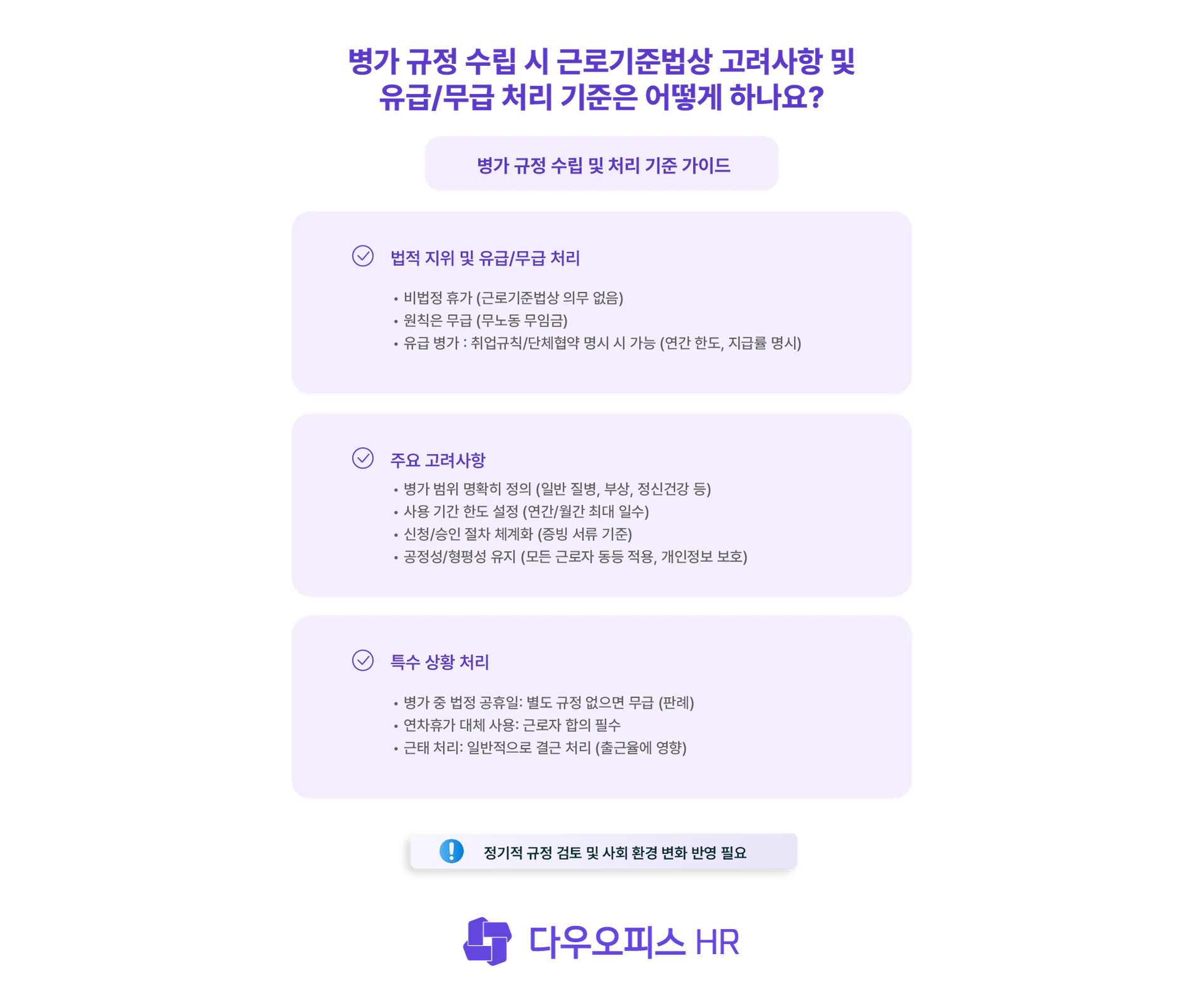 병가 규정 수립 시 근로기준법상 고려사항 및 유급/무급 처리 기준