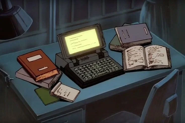 desk scene with laptop and open books