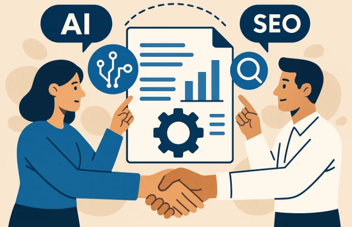 Illustration of AI and SEO collaboration, with two professionals shaking hands in front of analytics and technology icons