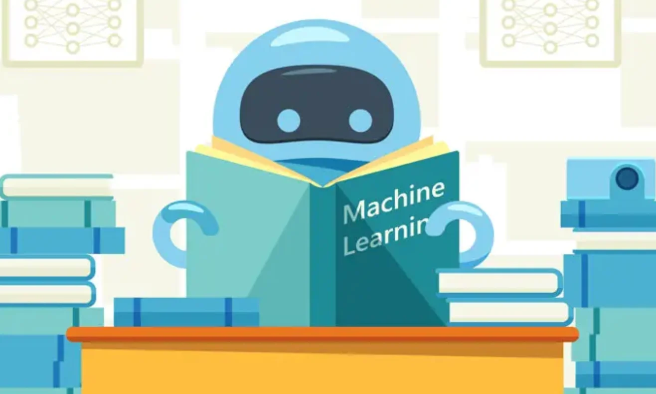 Cartoon robot reading a machine learning book at a desk surrounded by stacked books 