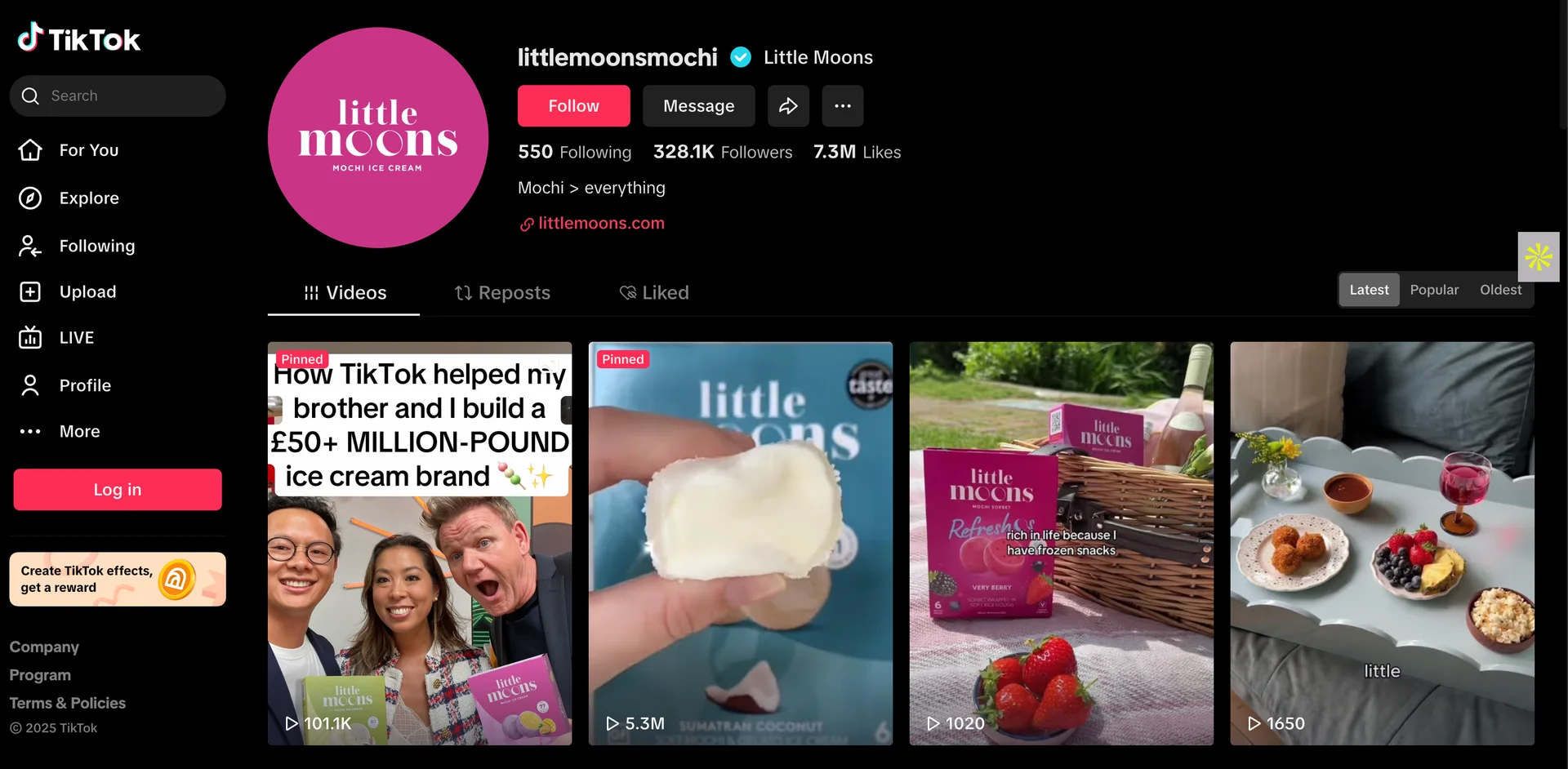 Little Moons TikTok profile with 328K followers and 7.3M likes showcasing pinned videos highlighting the brand’s growth and mochi ice cream products