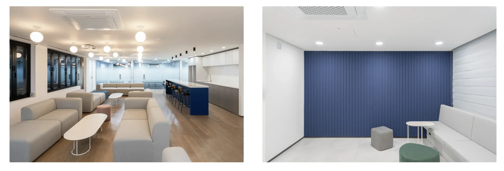 좌측: 개방형 라운지 공간으로 회색 모듈러 소파, 원형 테이블, 그리고 배경에 파란색 아일랜드 키친이 있는 밝은 사무실 인테리어. 우측: 파란색 세로 패널 벽면이 특징인 미니멀한 휴게 공간으로 회색과 민트색 스툴이 배치되어 있다.