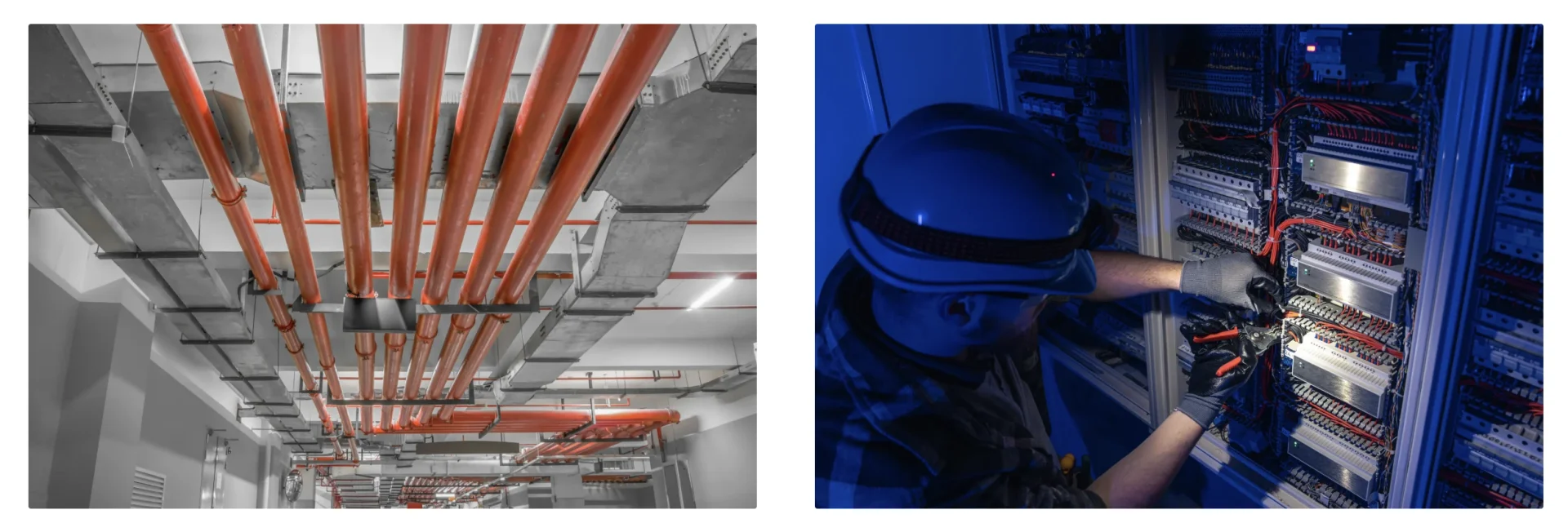 오피스 인테리어 현장실사의 핵심 점검 항목들 - 좌측은 천장 내부의 복잡한 배관 및 덕트 시스템을 보여주며, 우측은 전문 기술자가 전기 제어반에서 전력 용량과 배선 상태를 점검하는 모습. 이는 현장실사 없이는 파악할 수 없는 숨겨진 인프라 시설들로, 설계 전 반드시 확인해야 할 기술적 요소들을 시각적으로 보여주는 현장 점검 장면