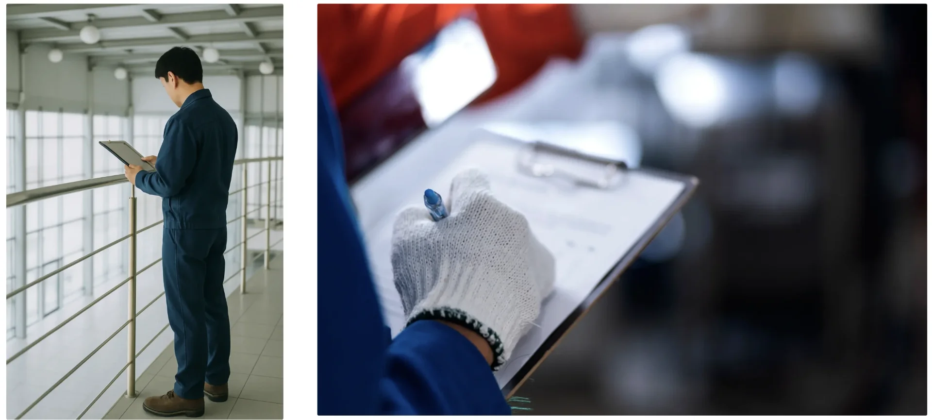 부동산 현장실사 과정을 보여주는 두 장의 이미지. 왼쪽은 현대적인 오피스 건물에서 전문가가 태블릿으로 공간을 점검하는 모습이고, 오른쪽은 장갑을 끼고 건물 도면을 자세히 검토하며 구조적 특성을 분석하는 모습이다. 오피스 인테리어 프로젝트의 성공적인 진행을 위한 전문적인 현장실사 과정을 시각적으로 보여준다