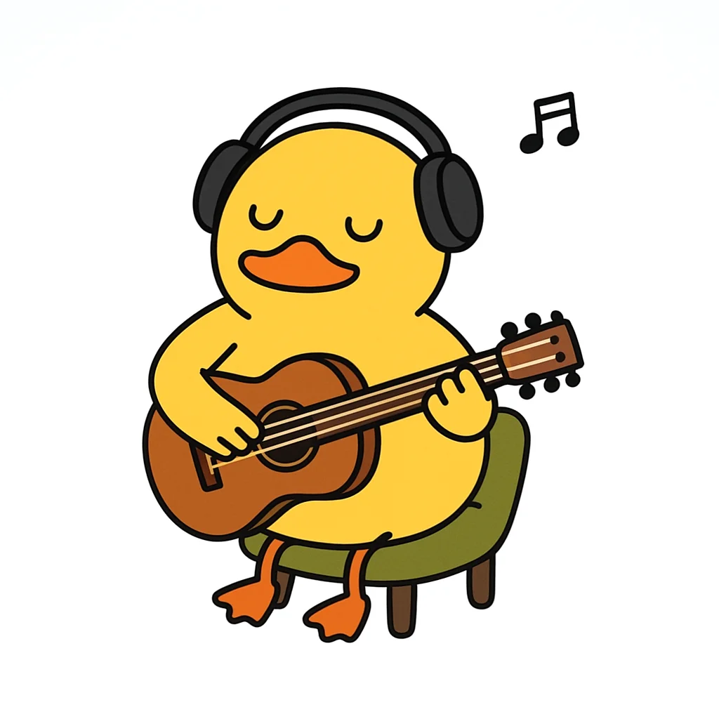 헤드폰을 착용하고 녹색 의자에 앉아 갈색 어쿠스틱 기타를 연주하는 귀여운 노란색 카툰 오리. 오리는 눈을 감고 음악을 즐기는 듯하며, 머리 위에는 음표가 떠 있습니다.