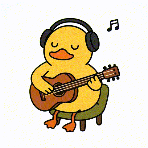 헤드폰을 쓰고 초록색 의자에 앉아 어쿠스틱 기타를 연주하는 노란색 오리 캐릭터. 머리 위에는 음표 두 개가 떠 있다. 자연스럽게 움직이는 영상..