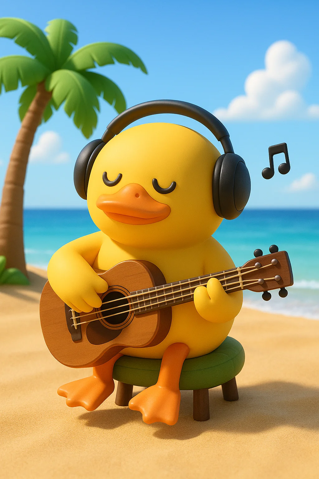 헤드폰을 끼고 눈을 감은 채 우쿨렐레를 연주하는 노란 오리 캐릭터가 열대 해변의 모래사장에 앉아있다. 배경은 푸른 바다와 야자수, 맑은 하늘이다.