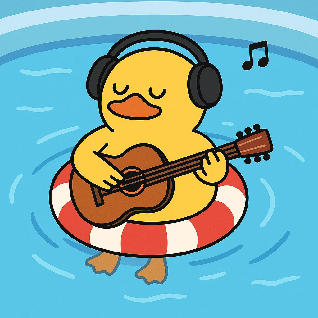 물 위에 떠 있는 노란색 만화 오리가 검은색 헤드폰을 착용하고 작은 갈색 기타를 연주하고 있다. 빨간색과 흰색 구명 튜브에 기대어 편안하게 눈을 감고 있으며, 머리 위에는 음표가 떠 있다.