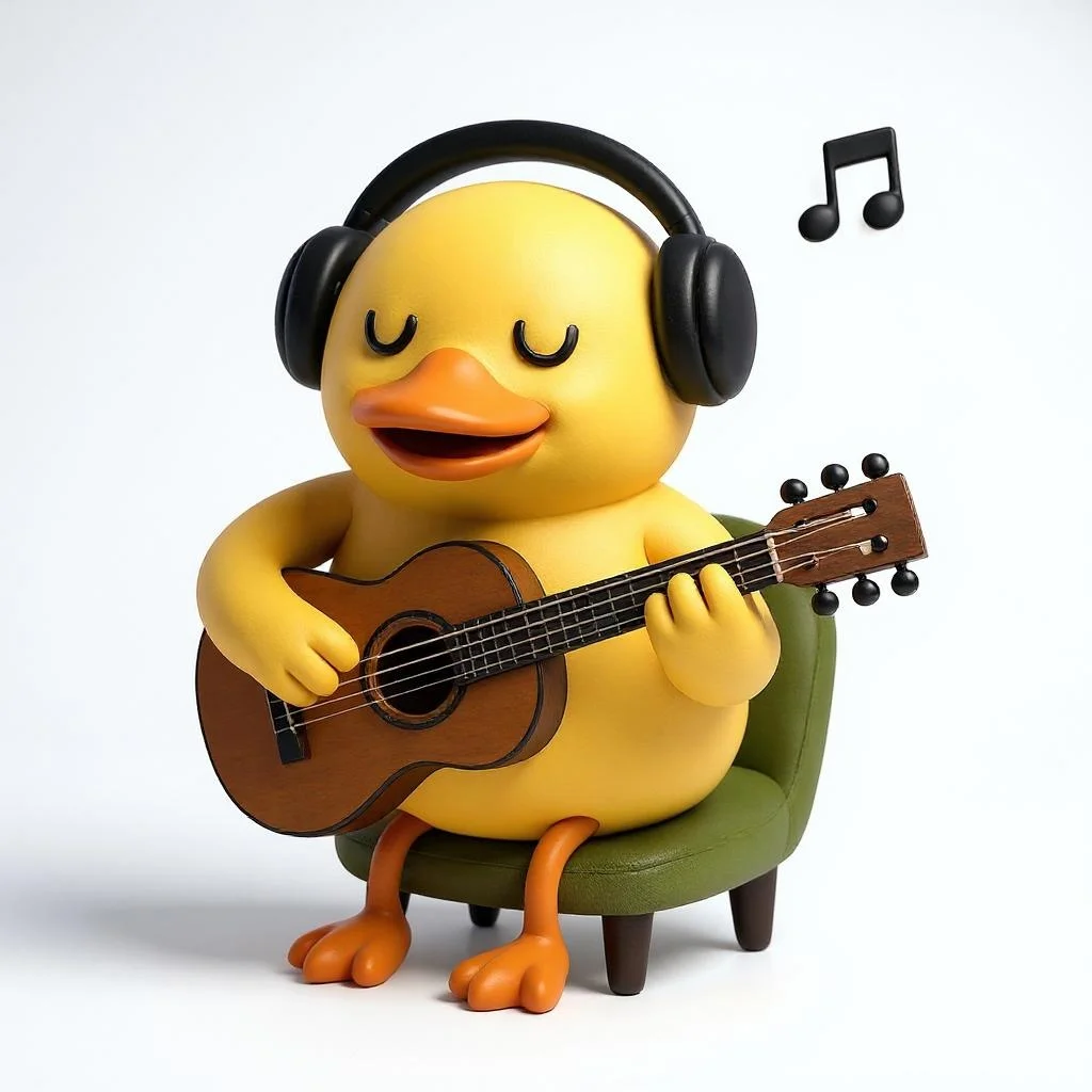 초록색 안락의자에 앉아 검은색 헤드폰을 쓰고 갈색 우쿨렐레를 연주하는 노란색 오리 캐릭터 피규어. 눈을 감고 음악을 즐기는 듯한 표정이며, 옆에는 음표 두 개가 떠 있다.