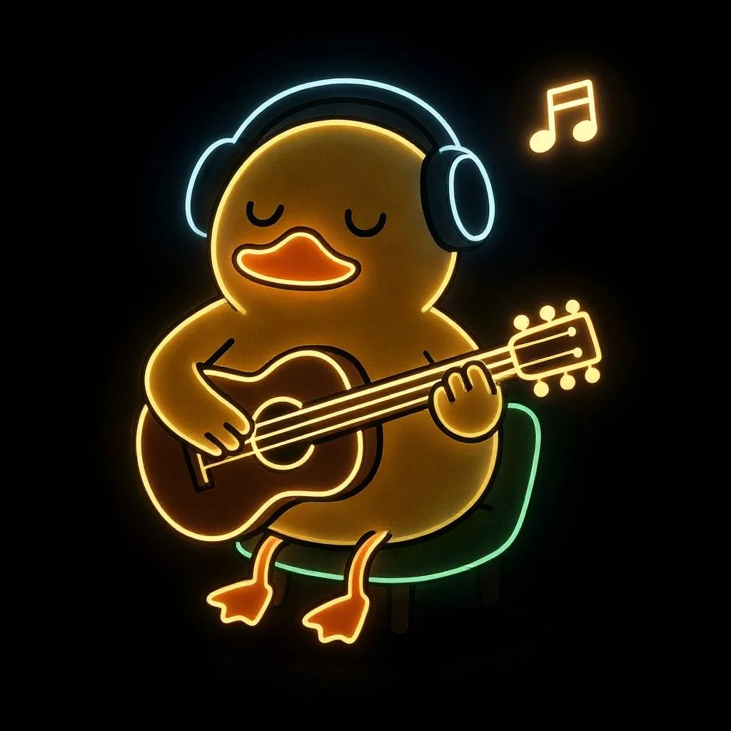 어둠 속 벽돌 벽에 설치된 밝은 노란색 네온 사인으로, 파란색 헤드폰을 착용하고 어쿠스틱 기타를 연주하며 눈을 감고 편안한 표정을 짓고 있는 오리 캐릭터가 보인다. 오리 위에는 하얀색 음표 네온 사인이 떠 있다.