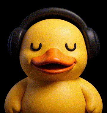 검은색 헤드폰을 착용하고 눈을 감은 채 만족스러운 표정으로 음악을 듣고 있는 노란색 오리 캐릭터