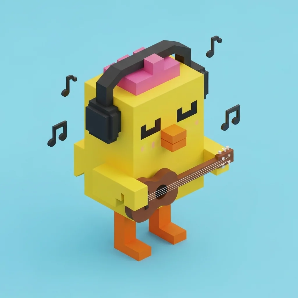 블록형 노란색 병아리 캐릭터가 검은색 헤드폰을 착용하고 갈색 우쿨렐레를 연주하고 있으며, 머리 주위에는 검은색 음표들이 떠다니고 있습니다. 밝은 파란색 배경 위에 있습니다.