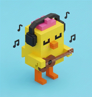 3D 블록형 노란 병아리 캐릭터가 검은색 헤드폰을 착용하고 갈색 우쿨렐레를 연주하고 있습니다. 캐릭터 주변에는 검은색 음표들이 떠 있으며, 배경은 연한 파란색 단색입니다. 자연스럽게 움직이는 영상