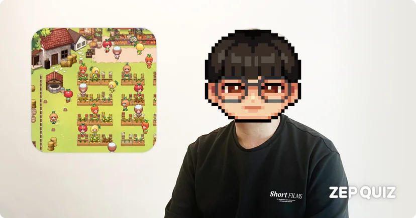 ZEP QUIZ developer with a pixel art avatar in front of a white background. Displayed beside him is a preview of 'The Ultimate Farmer' map, a farming simulation game in pixel art style with animated crops, characters, and a village market.