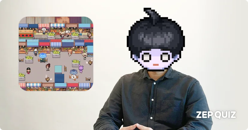 ZEP QUIZ team member with a pixel avatar sits in front of a white background. To the left, a preview of the 'Rooftop Party Map' shows a colorful market-style rooftop scene filled with characters, vendor stalls, and social interaction areas in pixel art style.