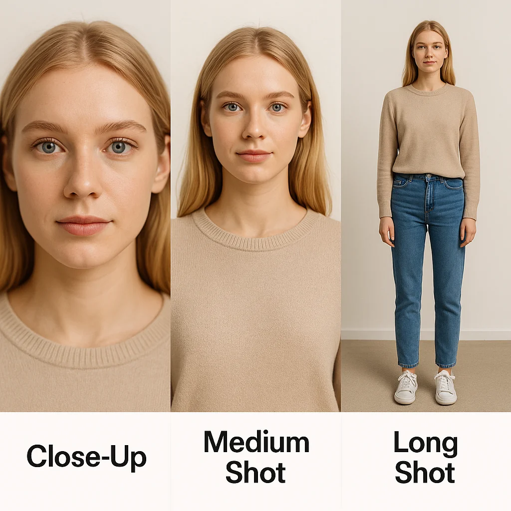 샷(Shot)의 종류를 클로즈업, 미디움샷, 롱샷 3가지로 나누어 비교한 인포그래픽 이미지입니다.