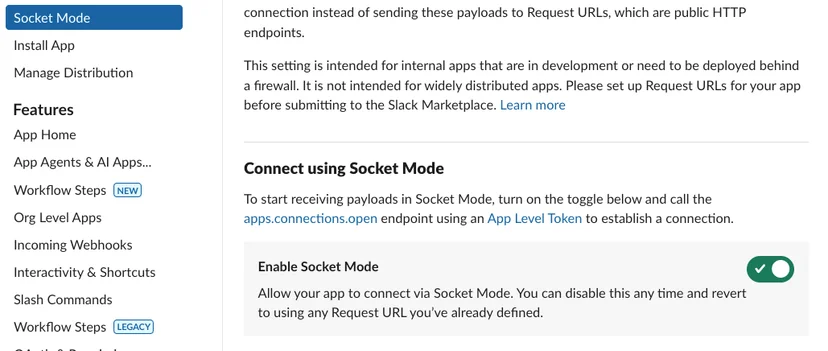 Slack 앱 설정에서 Socket Mode 활성화 화면, 소켓 모드를 통한 슬랙 앱과 서버 간 실시간 연결 설정 모습