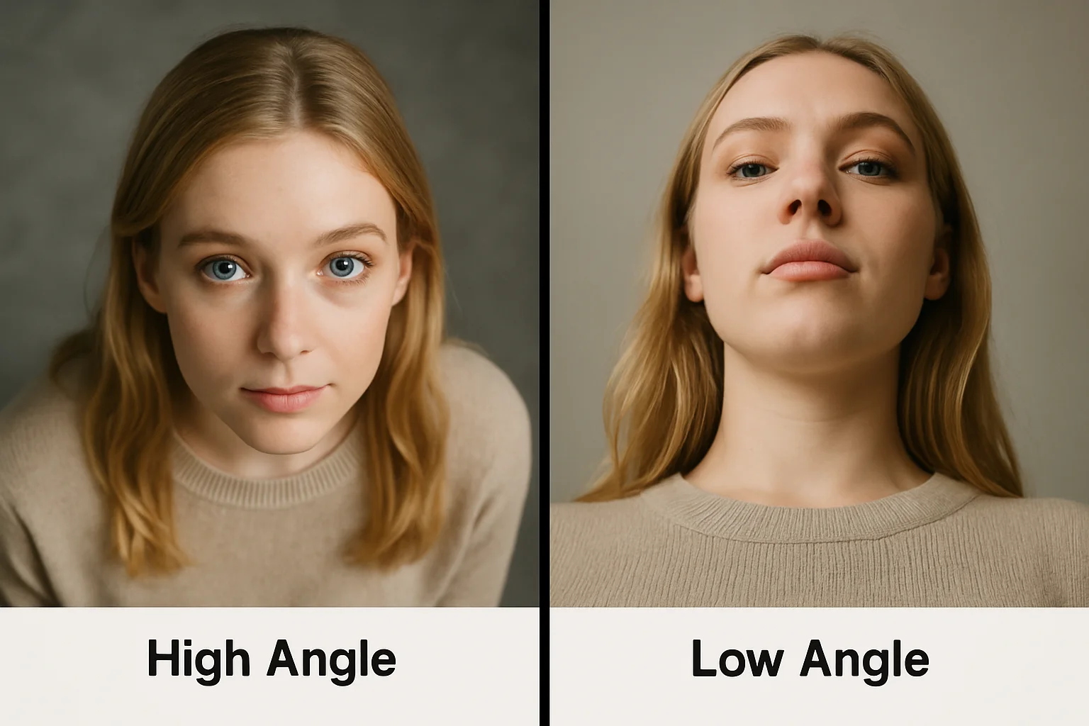 앵글(Angle)의 종류 중 하이앵글과 로우앵글을 비교하여 보여주는 2분할 인포그래픽 이미지입니다..