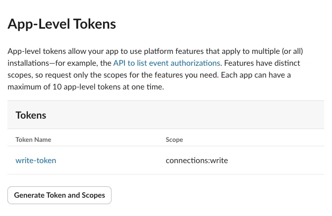 Slack App-Level Tokens 설정 화면에서 write-token이 connections:write 권한으로 생성된 모습
