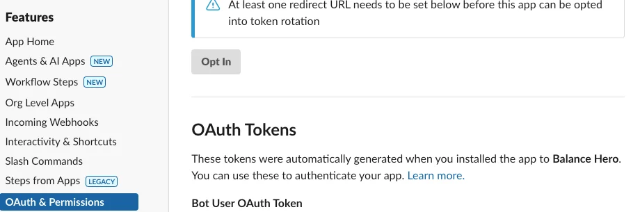 Slack OAuth & Permissions 설정 화면에서 Bot User OAuth Token 생성 상태가 표시된 모습