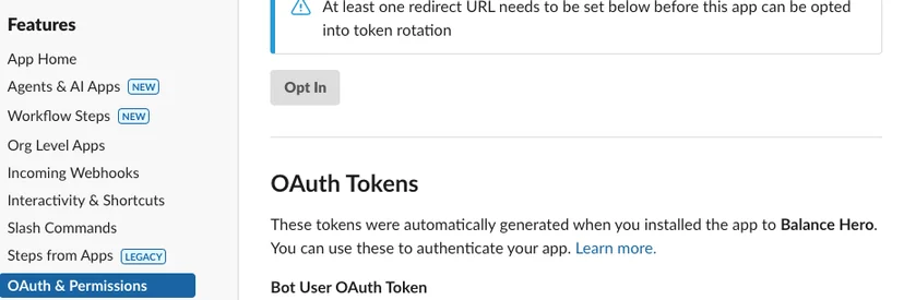 Slack OAuth & Permissions 설정 화면에서 Bot User OAuth Token 생성 상태가 표시된 모습