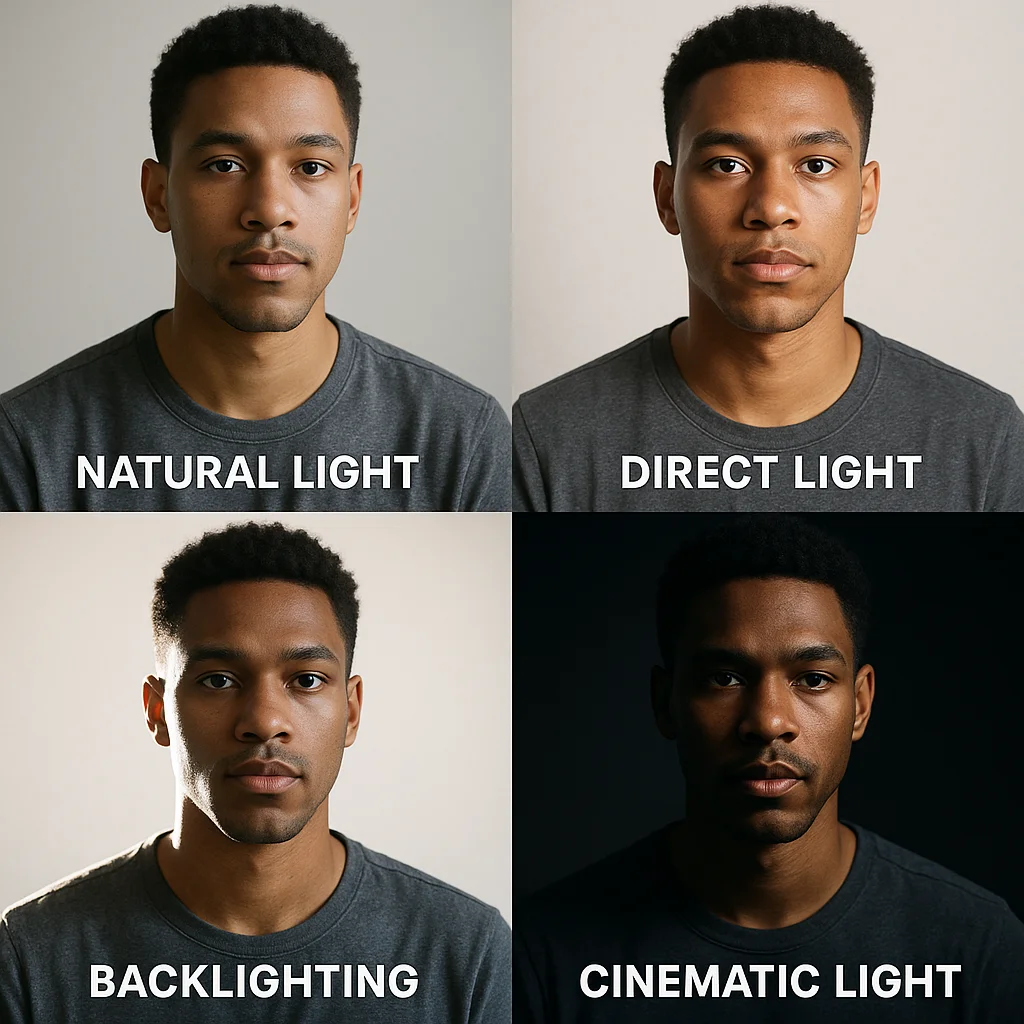 조명의 종류를 4분할컷으로 비교 설명한 인포그래픽 이미지입니다. 자연광, 직접 조명, 역광, 영화적 조명이 포함되어 있습니다..