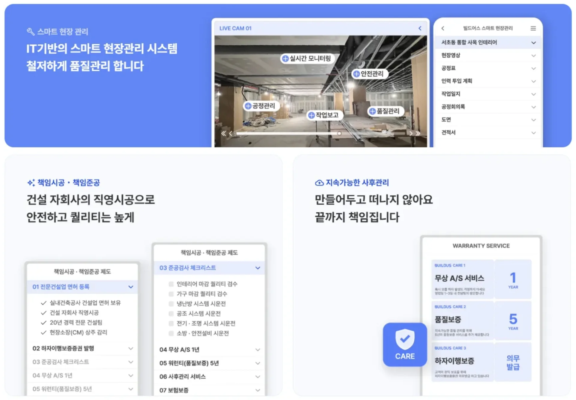 빌드어스의 스마트 현장관리 시스템과 품질보증 서비스. 상단에는 'IT기반의 스마트 현장관리 시스템을 철저하게 품질관리 합니다'라는 제목이 있음. 중앙에는 'LIVE CAM 01' 라이브 카메라 화면으로 실제 공사 현장이 실시간으로 보이며, 실시간 모니터링, 안전관리, 공정관리, 품질관리 등의 기능이 표시됨. 우측에는 빌드어스 스마트 현장관리 시스템 메뉴가 보임. 하단 좌측에는 '책임시공·책임준공' 서비스 내용이 드롭다운 메뉴 형태로 정리되어 있고, 우측에는 '지속가능한 사후관리' 섹션에 WARRANTY SERVICE 카드가 표시되어 있으며, 무상 A/S 서비스 1년, 품질보증 5년, 하자이행보증 외부발행 등의 보증 내용이 포함됨