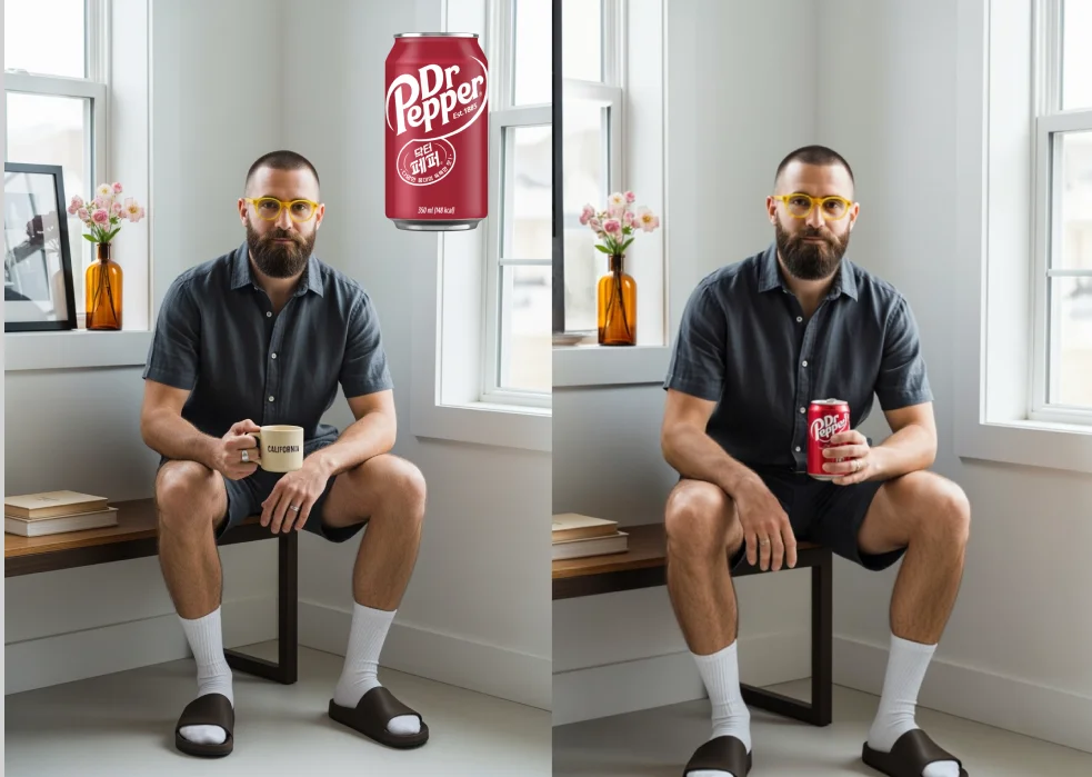 AI로 사진 속 인물이 실제 제품을 들고 있게 만드는 기능의 예시 이미지입니다. input과 output 이미지가 2분할컷으로 비교되어 있습니다.