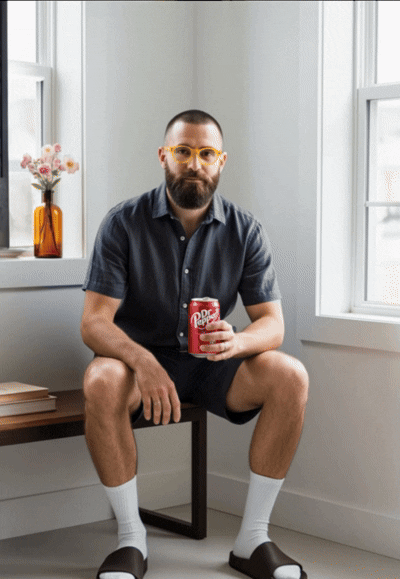 남자가 카메라를 향해 건배 제의 후 캔음료를 마시고 있다.