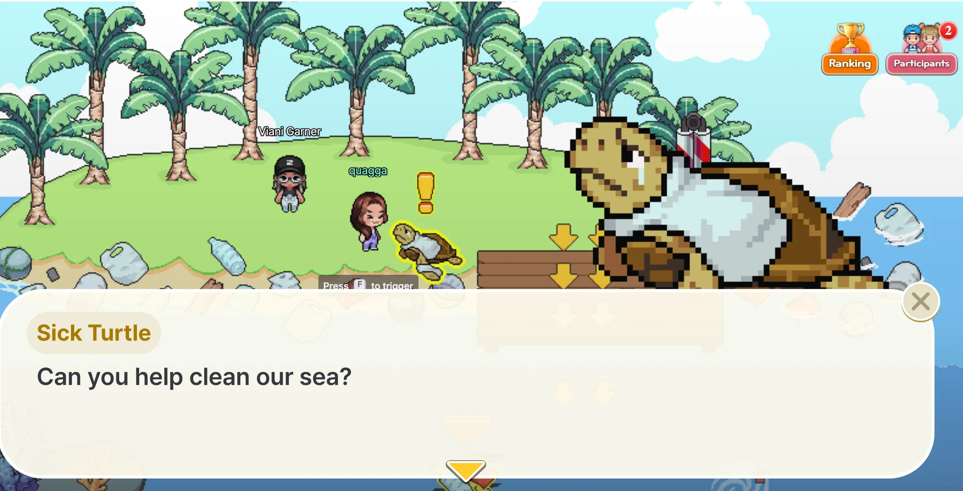 ZEP QUIZ environmental awareness game scene featuring a crying sick turtle asking players to help clean the sea. Pixel art island setting with plastic pollution, palm trees, and avatars interacting with the turtle character.