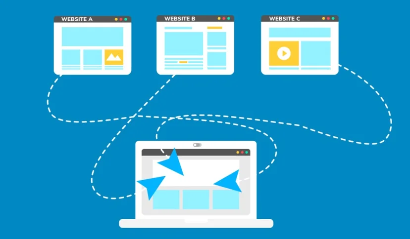 Image of interconnected websites with backlinks pointing to a central website, illustrating a backlink SEO strategy