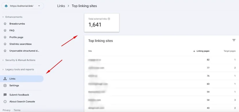 Google Search Console screenshot showing total external backlinks (1,641) and top referring domains to the website editorial.link