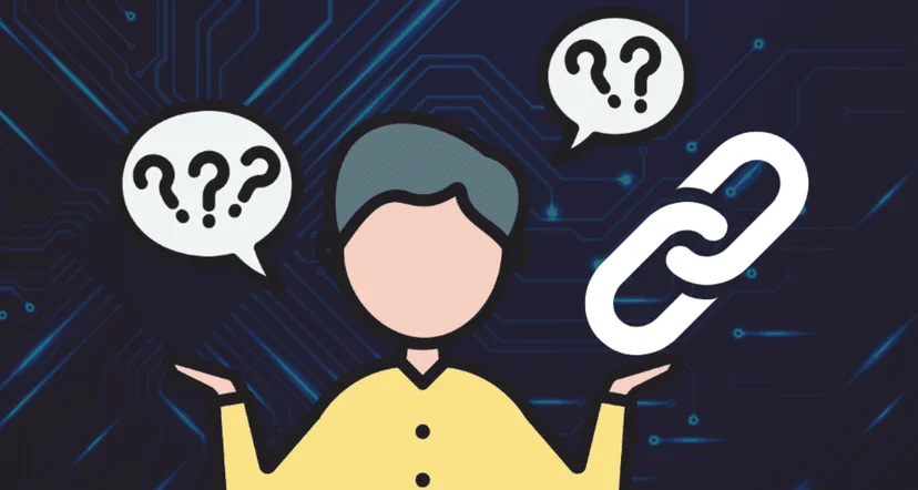 Illustration of a confused person with question marks and a chain link icon, symbolizing uncertainty about backlinks or link building