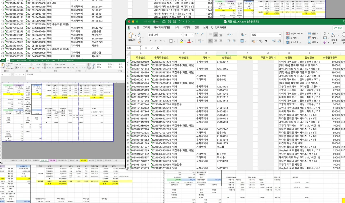 여러 개의 엑셀 창에 주문자 정보, 상품명, 수량, 주소 등이 복잡하게 나열된 화면. 수기로 주문 데이터를 정리하는 과정에서 데이터가 꼬인 상황을 시각적으로 보여줌.
