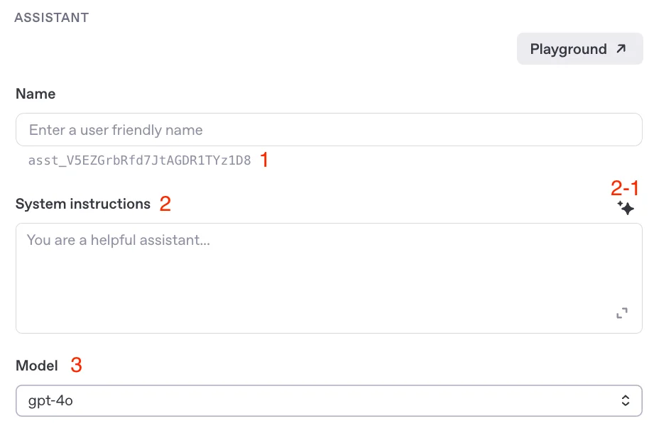 OpenAI Assistant Playground에서 Assistant ID, 시스템 지침, 선택된 gpt-4o 모델, File Search 및 응답 포맷 설정 옵션이 표시된 화면