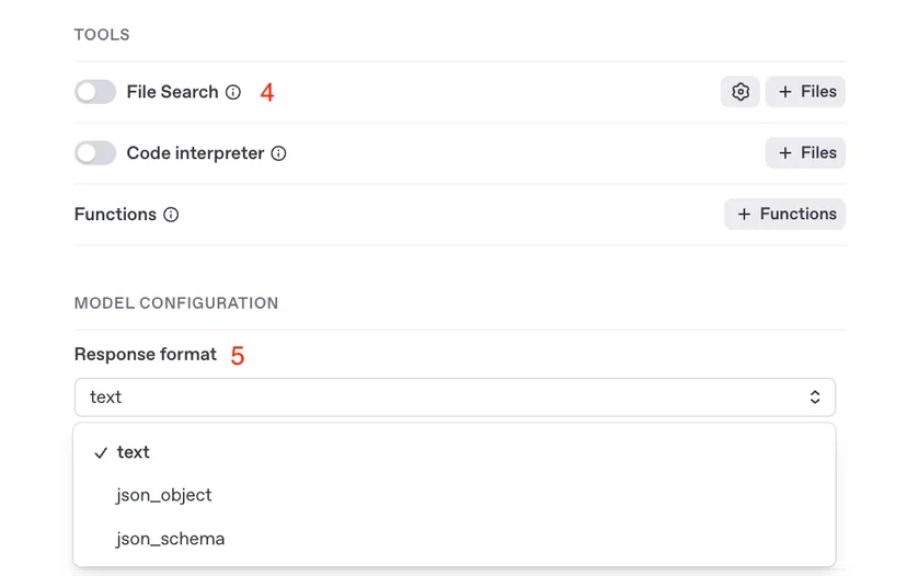 OpenAI Assistant 설정 화면에서 File Search, Code Interpreter, 응답 포맷(text, json_object, json_schema) 옵션을 설정하는 모습