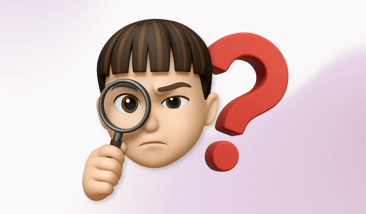 돋보기로 무언가를 주의 깊게 관찰하며 의문을 품고 있는 사람의 이모지와 커다란 물음표 이모지가 있는 이미지. 인플루언서가 진짜 관심을 가지는 맞춤형 DM 작성의 중요성을 나타냄