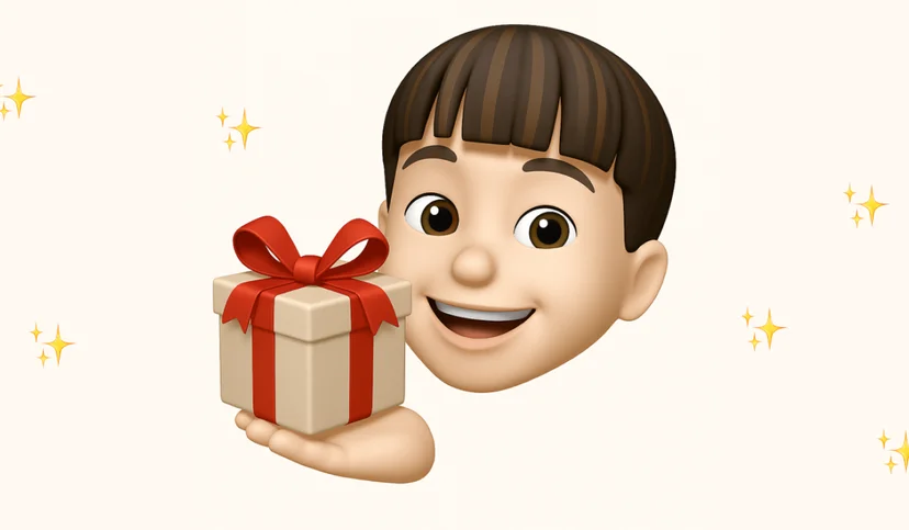 선물 상자를 들고 밝게 웃는 사람의 이모지와 주변에 반짝이는 효과가 있는 이미지. 인플루언서가 협업 제안을 받을 때 느끼는 실질적 혜택과 가치를 강조하는 개념을 나타냄