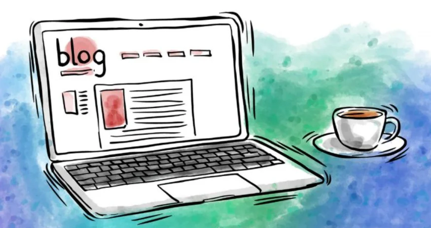 Illustrated laptop displaying a blog webpage with a cup of coffee on the side, symbolizing blogging and content creation